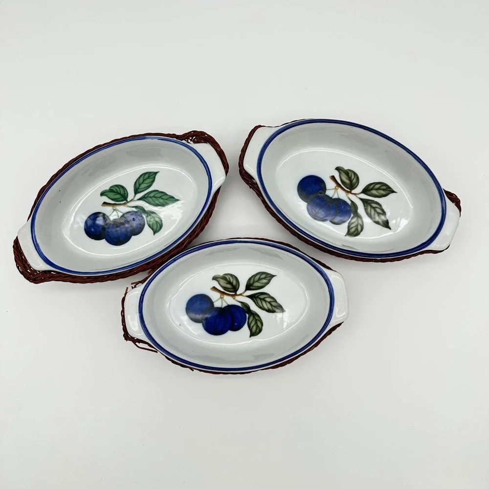 Vintage Ceramic Oval Au Gratin Baking Dishes Wicker Baskets Set 3 Blue Plum